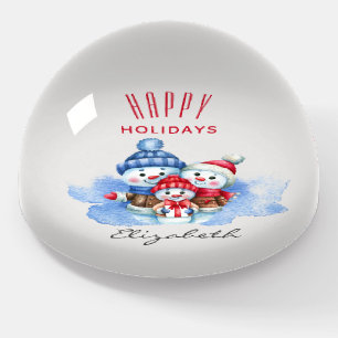 Happy Holidays Winter Snowman Family Dome Paperweight