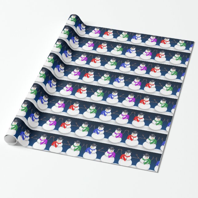 Happy Holidays Winter Snowmen Wrapping Paper (Unrolled)
