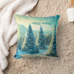 Happy Holidays Winter Wonderland Forrest Festive Throw Pillow