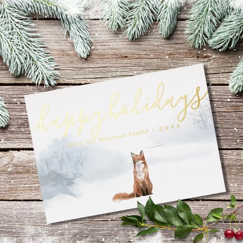 Happy Holidays Winter Woodland Scene Fox Gold Foil Holiday Card