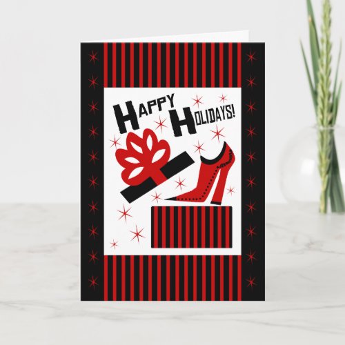 Happy Holidays With Funky Shoe Boot And Gift Box Holiday Card