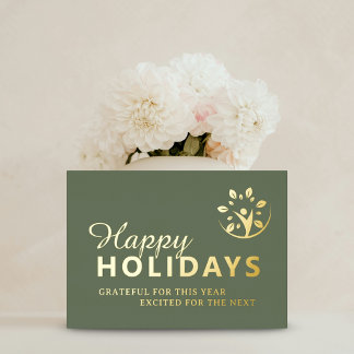 Happy holidays with logo business green gold foil foil holiday card