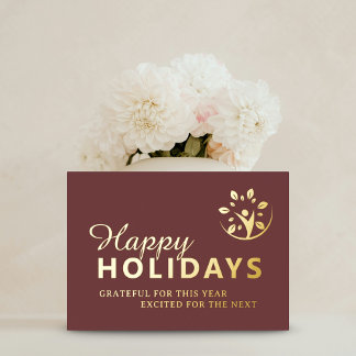 Happy holidays with logo business taupe gold foil foil holiday card