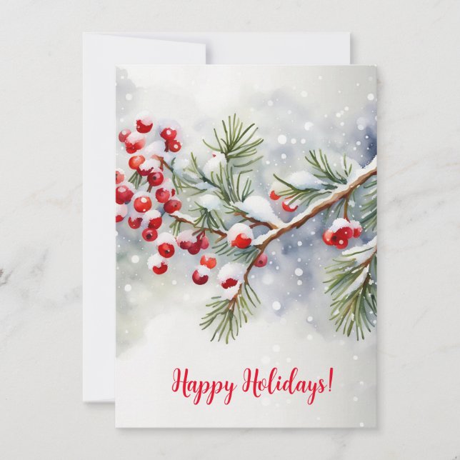 Happy Holidays with Red Berries and Snow (Front)