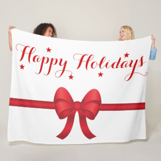 Happy Holidays With Red Bow And Stars Christmas Fleece Blanket