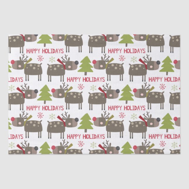 Happy Holidays With Reindeer and Snowflakes  Tissue Paper (Front)