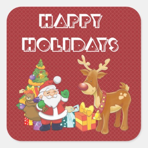 Happy Holidays with Santa and Reindeer Square Sticker