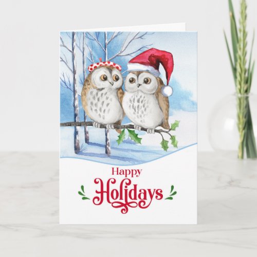 Happy Holidays Woodland Owl Couple Holiday Card