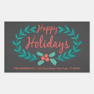 HAPPY HOLIDAYS WREATH CHALKBOARD ADDRESS RECTANGULAR STICKER