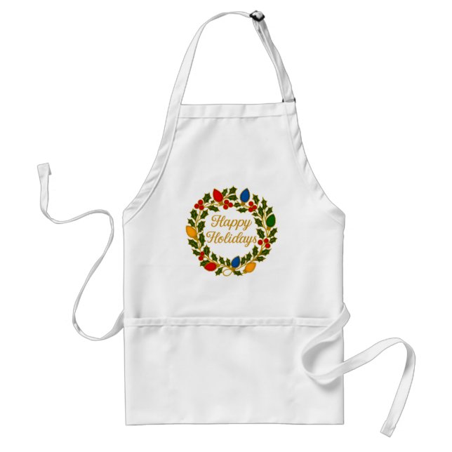 Happy Holidays Wreath Christmas Lights and Holly Adult Apron (Front)