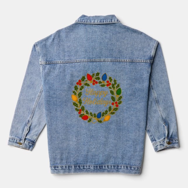 Happy Holidays Wreath Christmas Lights and Holly Denim Jacket (Back)