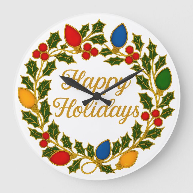 Happy Holidays Wreath Christmas Lights and Holly Large Clock (Front)