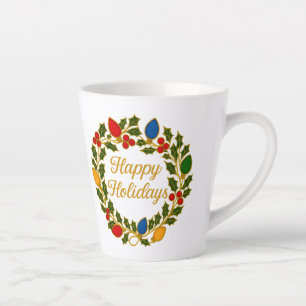 Happy Holidays Wreath Christmas Lights and Holly Latte Mug