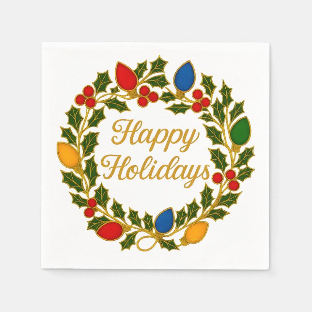 Happy Holidays Wreath Christmas Lights and Holly Napkins (Front)