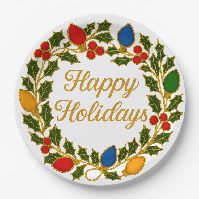 Happy Holidays Wreath Christmas Lights and Holly Paper Plates (Front)