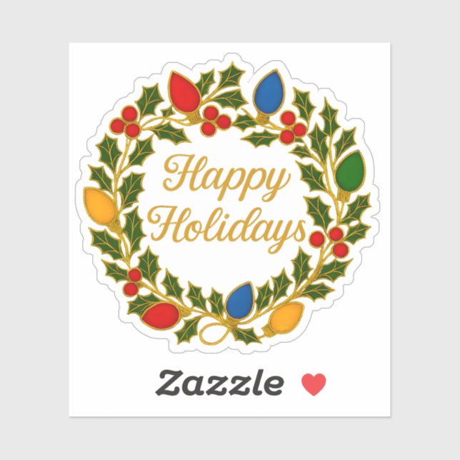 Happy Holidays Wreath Christmas Lights and Holly Sticker (Sheet)