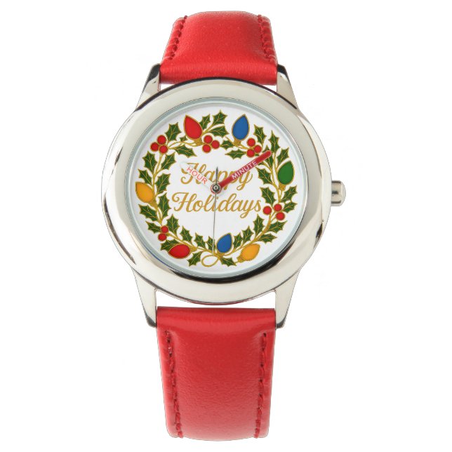 Happy Holidays Wreath Christmas Lights and Holly Watch (Front)