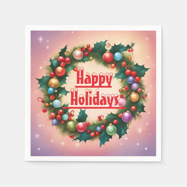 Happy Holidays Wreath Colorful Christmas Snow Napkins (Front)