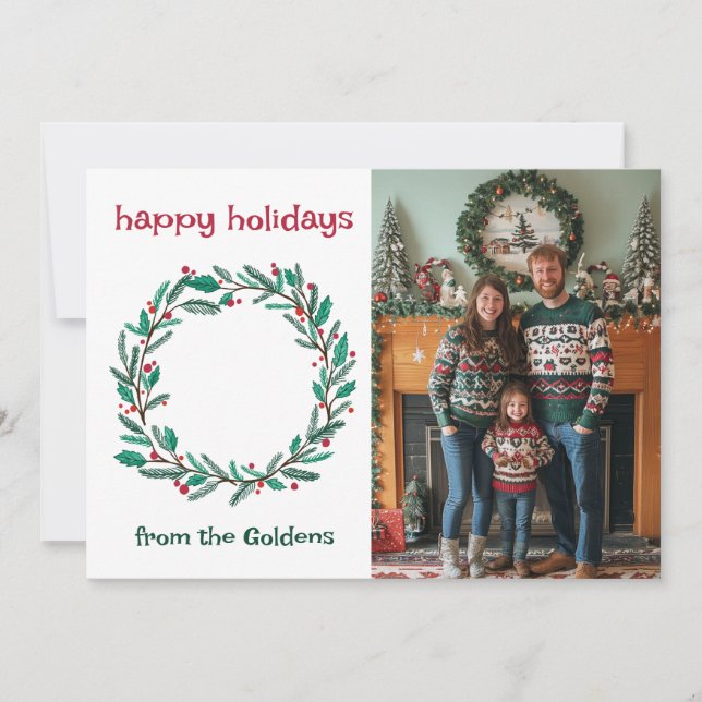 Happy Holidays Wreath CUSTOM PHOTO Christmas Holiday Card (Front)