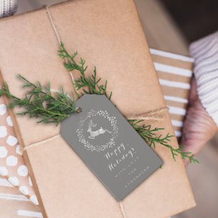 Happy Holidays Wreath Joy Gray Grey White Deer Gift Tags