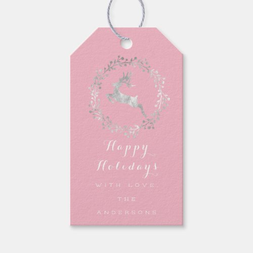 Happy Holidays Wreath Joy Gray Pink White Deer Gift Tags