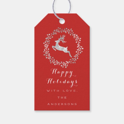 Happy Holidays Wreath Joy Gray Red White Deer Gift Tags