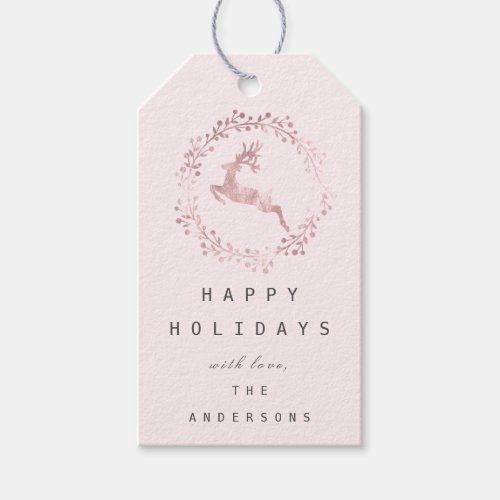 Happy Holidays Wreath Joy Pink Rose Pastel Deer Gift Tags