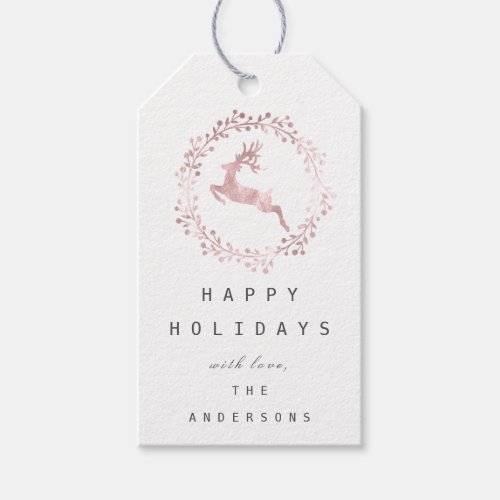 Happy Holidays Wreath Joy Pink Rose White Deer Gift Tags