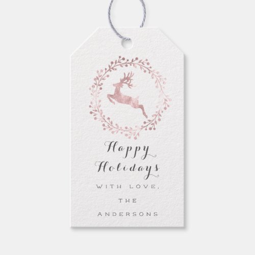 Happy Holidays Wreath Joy Pink Rose White Deer Gift Tags