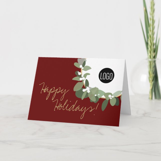 Happy Holidays Wreath Logo Company Red Christmas  Holiday Card (Front)