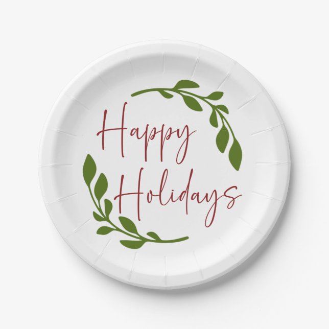 Happy Holidays Wreath Paper Plates (Front)