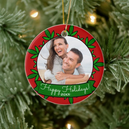 Happy Holidays Wreath Personalized Christmas Photo Ceramic Ornament