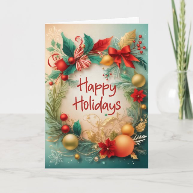 Happy Holidays Wreath Red Green Gold Holiday Card (Front)