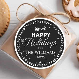 Happy Holidays Wreath Santa Sleigh Gift Black Classic Round Sticker