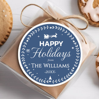 Happy Holidays Wreath Santa Sleigh Gift Blue Classic Round Sticker