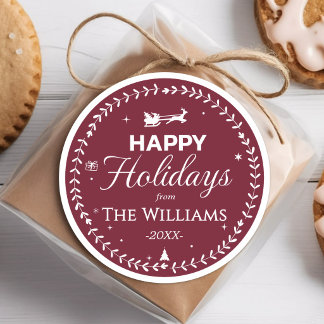 Happy Holidays Wreath Santa Sleigh Gift Burgundy Classic Round Sticker