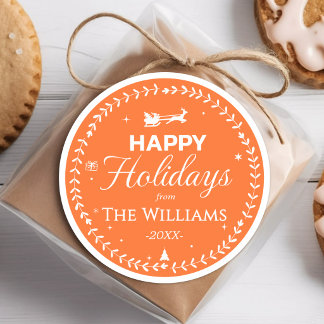 Happy Holidays Wreath Santa Sleigh Gift Orange Classic Round Sticker