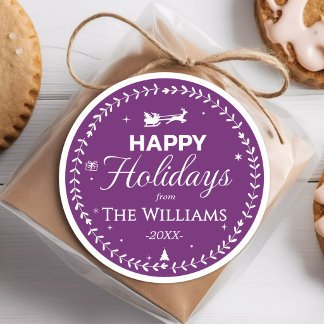 Happy Holidays Wreath Santa Sleigh Gift Purple Classic Round Sticker