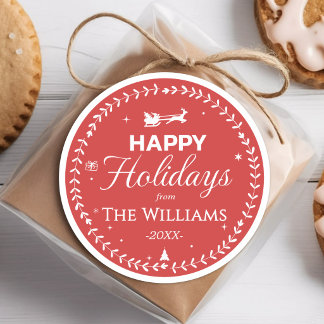 Happy Holidays Wreath Santa Sleigh Gift Red Classic Round Sticker