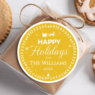 Happy Holidays Wreath Santa Sleigh Gift Yellow Classic Round Sticker