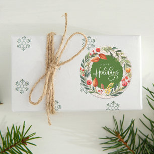 Happy Holidays Wreath Watercolor Classic Round Sticker