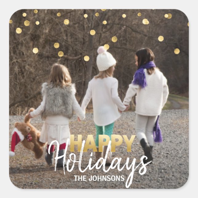 HAPPY HOLIDAYS Xmas Family Gold White | PHOTO Square Sticker (Front)