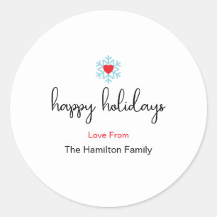 Happy Holidays Xmas Simple Red Heart Snowflake  Classic Round Sticker