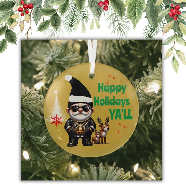 Happy Holidays Ya'll Gangsta Xmas on Gold | Glass Ornament (Creator Uploaded)