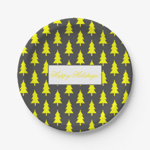 Happy Holidays Yellow Fir Tree Pattern Paper Plates