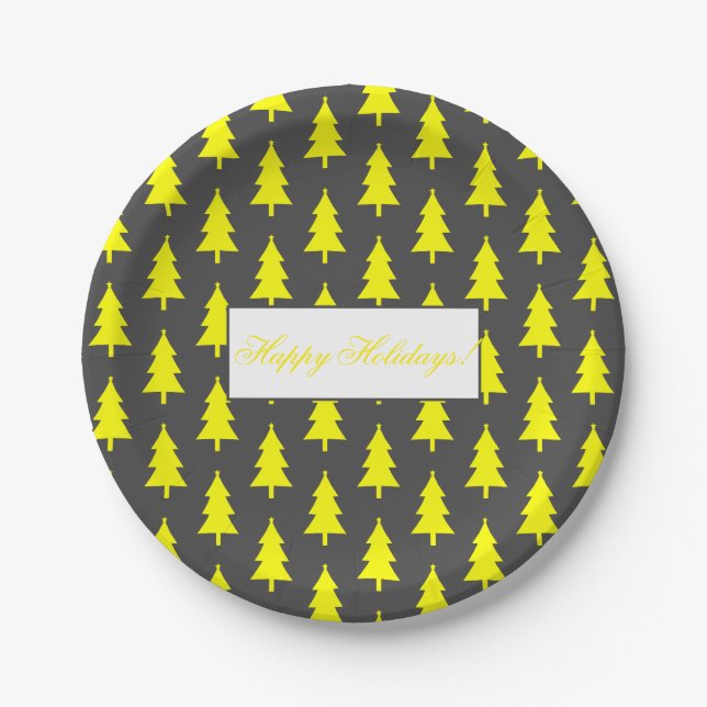 Happy Holidays Yellow Fir Tree Pattern Paper Plates (Front)