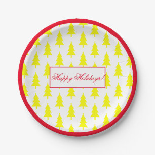 Happy Holidays Yellow On White Fir Tree Pattern Paper Plates