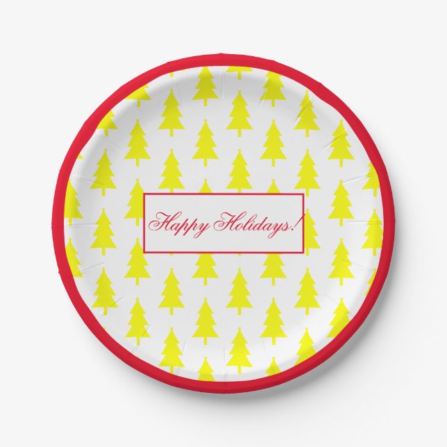 Happy Holidays Yellow On White Fir Tree Pattern Paper Plates (Front)