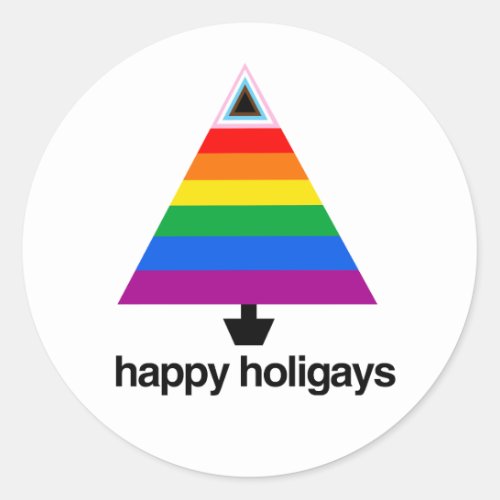 Happy Holigays Progress Pride Tree Classic Round Sticker