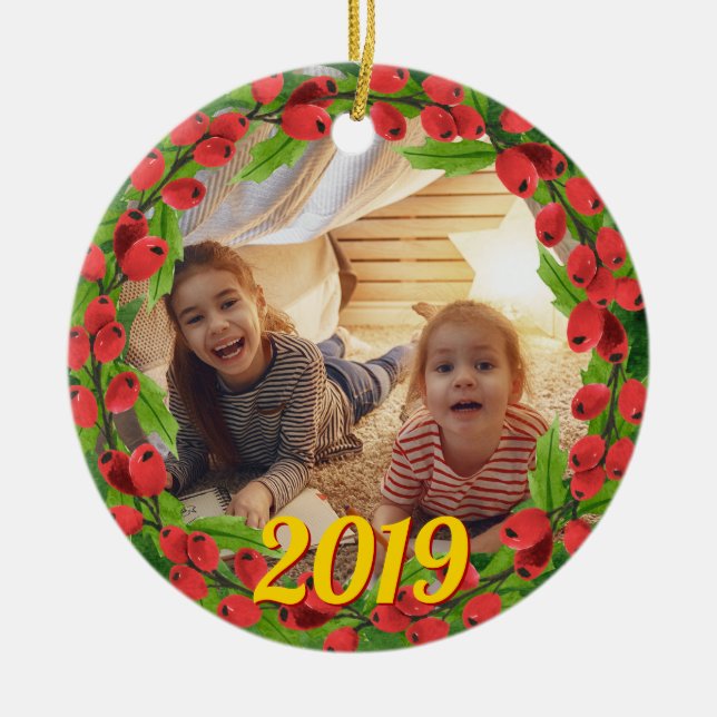 Happy Holly Berry Wreath Custom Photo Ceramic Ornament (Front)